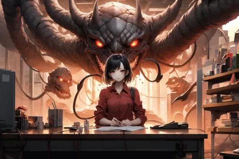 anime girl sitting at a desk with a giant monster in the background