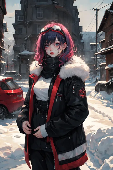 a woman in a black jacket and red jacket standing in the snow