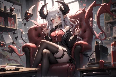 anime girl sitting in a chair with a demon like head