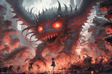 a woman standing in front of a giant monster with red eyes