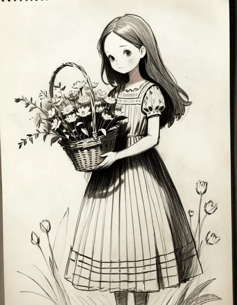 a drawing of a girl holding a basket of flowers