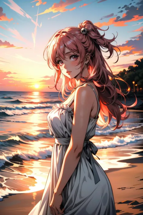 ((ultra detailed, masterpiece, best quality))
 <lora:DOAHonoka:0.9>
DOAHonoka, 1girl, solo, pink hair, long hair, On a beach during a vibrant sunset, sundress, playing with the waves
