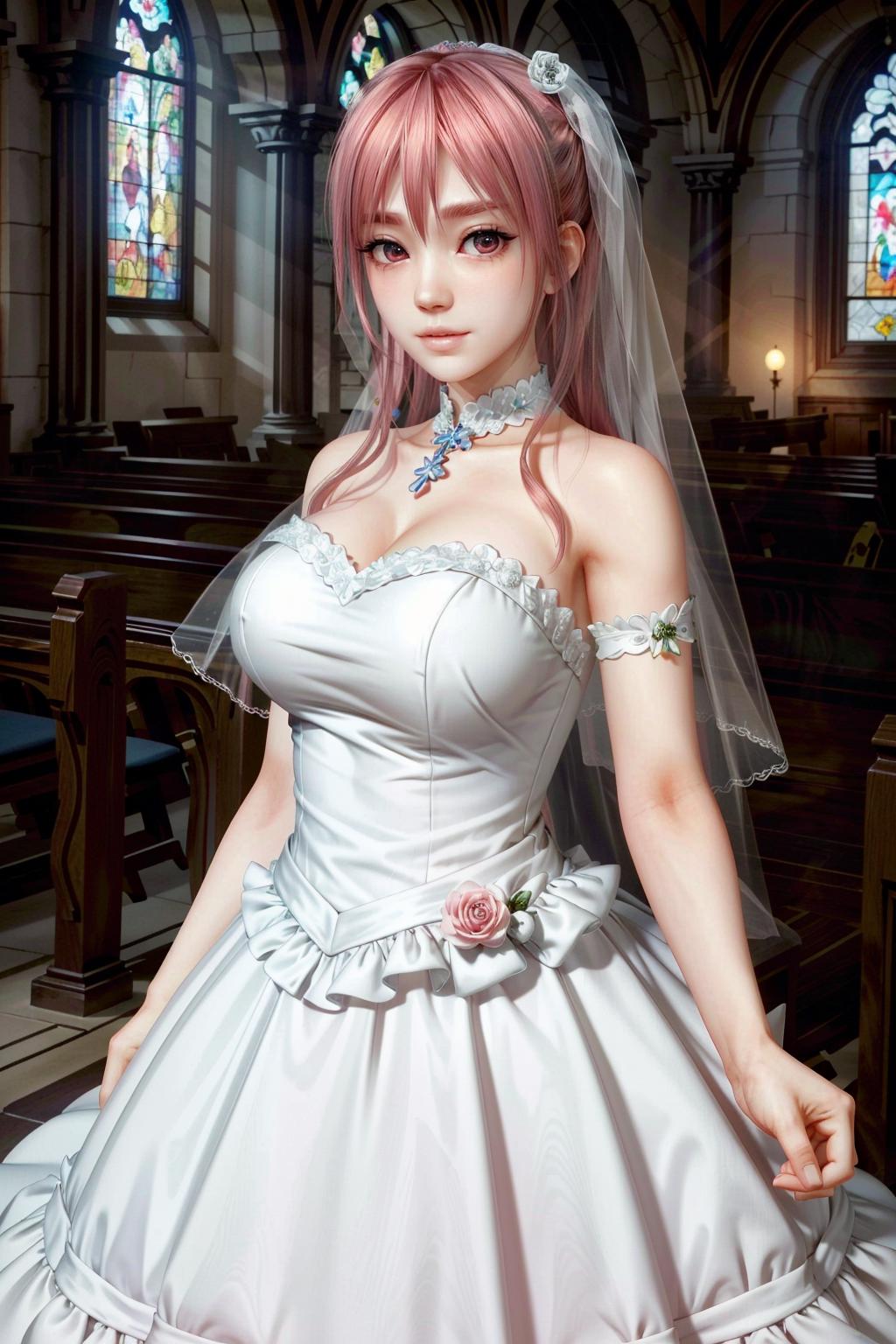 A close up of a woman in a wedding dress with pink hair - SeaArt AI