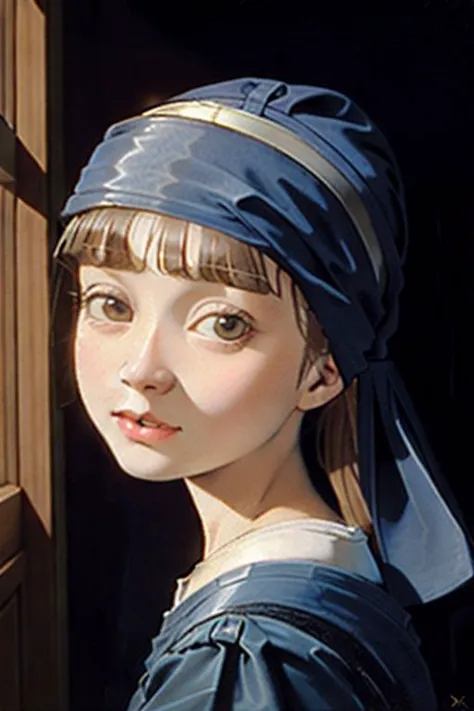 a painting of a woman with a blue hat and a blue scarf