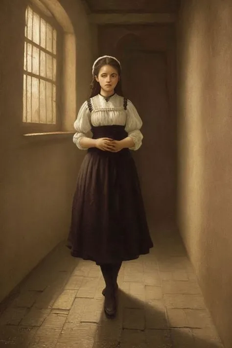 a woman in a dress standing in a hallway next to a window