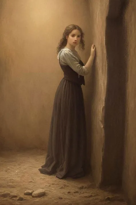 a painting of a woman standing in a corner with a wall