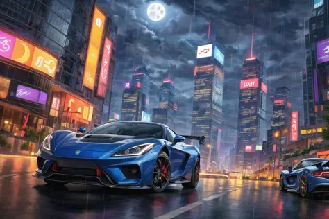 (best quality), high quality, [masterpiece, highres], pixiv featured, (1boy), ((handsome:0.75) cool boy:0.8), [detailed] background [illustration], sci fi city, skyscraper, highway, neon street, night, full moon, raining, sports car,