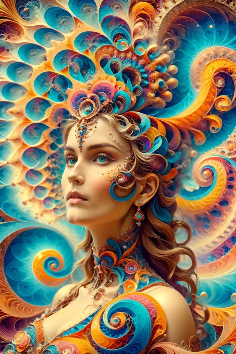 Psychedelic style antique photograph, ral-frctlgmtry woman  <lora:SDXL_Ral_Fractal_Geometry:1.0> . Vibrant colors, swirling patterns, abstract forms, surreal, trippy