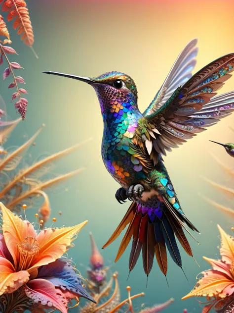 A hummingbird, its tiny wings humming with the thrum of ral-frctlgmtry, its iridescent feathers shimmering with infinite detail....