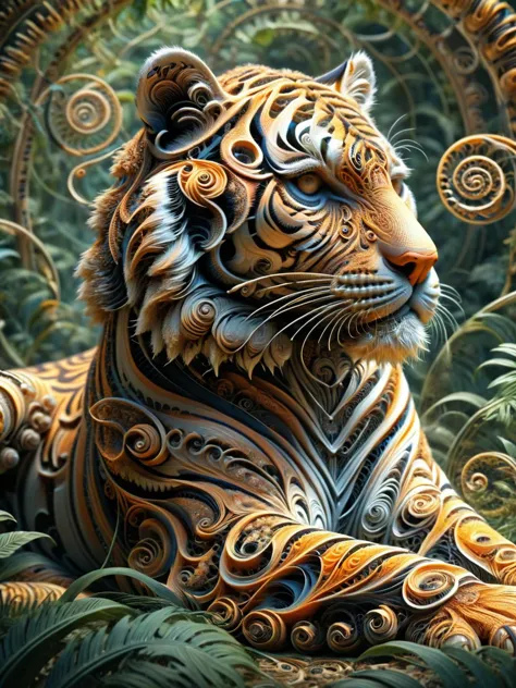 A tiger, its stripes transformed into mesmerizing ral-frctlgmtry spirals, its every movement a study in geometric grace. The jun...