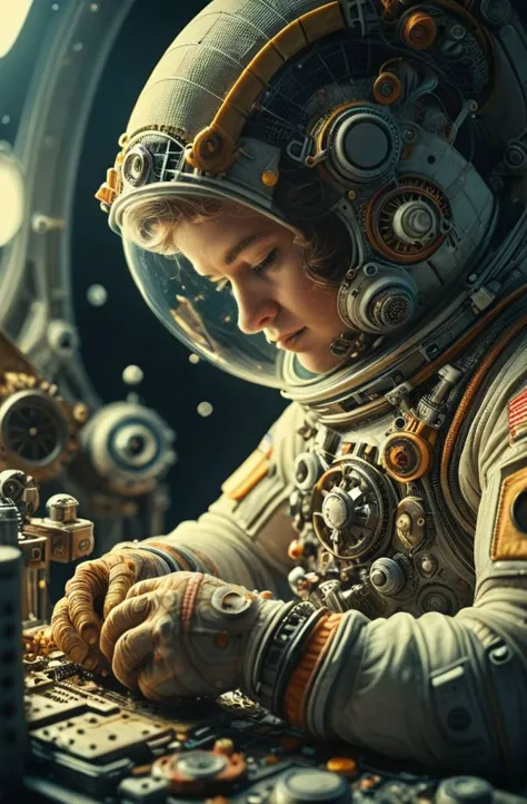 an astronaut repairing a watch in space  <lora:ral-frctlgmtry:1.0> 
<lora:eye_catching:0.65>  <lora:MJ52:0.4> <lora:sd_xl_dpo_lora_v1:0.4>, film grain, bokeh