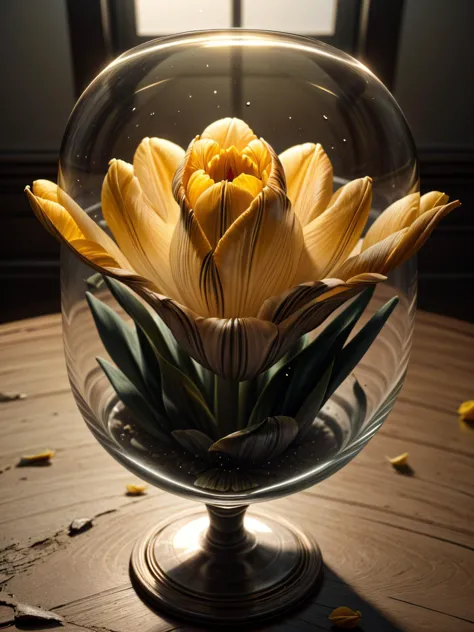 there is a glass bowl with a flower inside of it