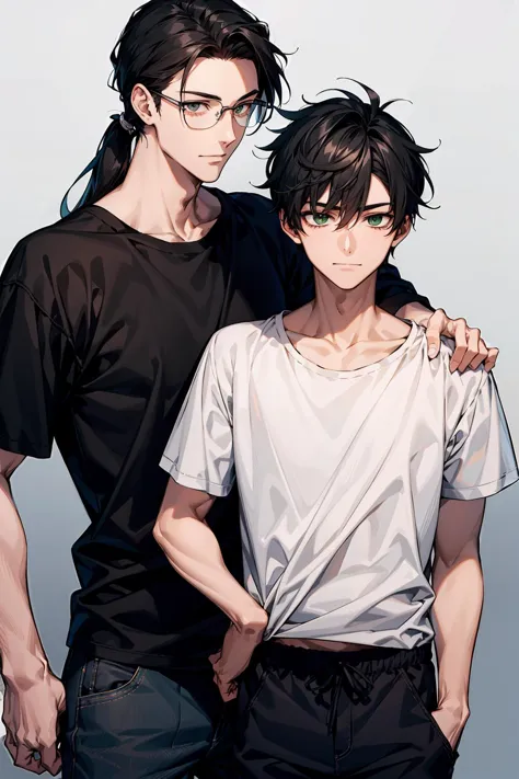 Masterpiece, anime still, intricate details, uhd, 4k, hdr, <BREAK> 2boys, (older and younger brothers, laughing, happy, friendly,) older guy tugging at younger boy's hair, dark hair, <BREAK> (younger (18 years old) tall skinny black eyed boy) with short black hair and glasses, eyes shut, hand over shoulder, <BREAK>  (older (27 years old) pale fit taller green eyed guy) without glasses and with sharp chin long black hair and a ponytail in a sleevless black t-shirt, waist up shot,  EyeDetail