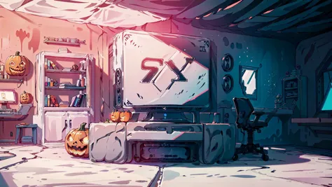 Playstation5AI pumpkin,(masterpiece:1.3 best quality:1.2 high quality:1.1),jack-o'-lantern,indoors,realistic,computer,window,gaming chair,depth of field,bookshelf,highres,absurdres,incredibly absurdres,huge filesize,wallpaper,parody,<lora:Playstation5AI:1>,