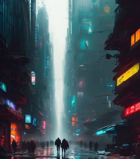 (masterpiece) high detailed RAW, a post apocalyptic man with a backpack is walking through a vivid rainbow themed cyberpunk city , hassanfantasy style , by Jeremy Mann and Donato Giancola ultra realistic highly detailed intricate photorealistic <lora:epiNoiseoffset_v2:1.2>