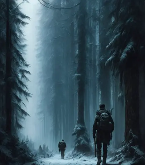 (masterpiece) high detailed RAW, a post apocalyptic man with a backpack is walking through a dark alley way in a forest with tall buildings and trees , hassanfantasy style , by Jeremy Mann and Donato Giancola ultra realistic highly detailed intricate photorealistic <lora:epiNoiseoffset_v2:1.2>