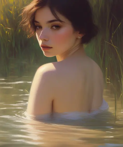 close up portrait of a cute woman bathing in a river, reeds, (backlighting), realistic, masterpiece, highest quality, lens flare...