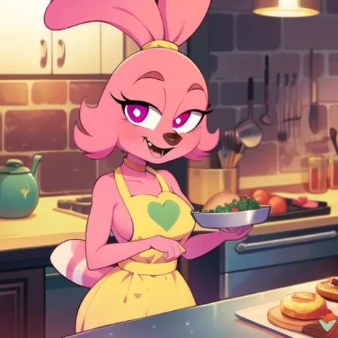 (8k) (high res) (best quality) (masterpiece) furry female, pink fur, pink eyes, rabbit ears, raccoon tail, fangs, kitchen, cooking, yellow dress, heart, heart-shaped pupils,