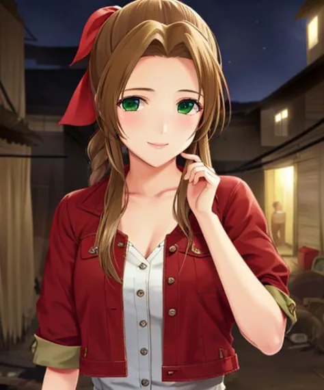 portrait, (adult woman), (1girl, solo), smile, (brown hair), green eyes, ((slums)), (night, hazy), ((best quality, high detail)), ((masterpiece)), aerith gainsborough, hair ribbon, braid, red cropped jacket, dress, 
