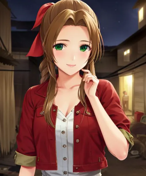 Retrato, (Mulher adulta), (1 garota, Sozinho), sorriso, (cabelo castanho), olhos verdes, ((favelas)), (noite, nebuloso), ((melhor qualidade, alto detalhe)), ((obra de arte)), Aerith Gainsborough, fita de cabelo, Trança, jaqueta cropped vermelha, vestir, 