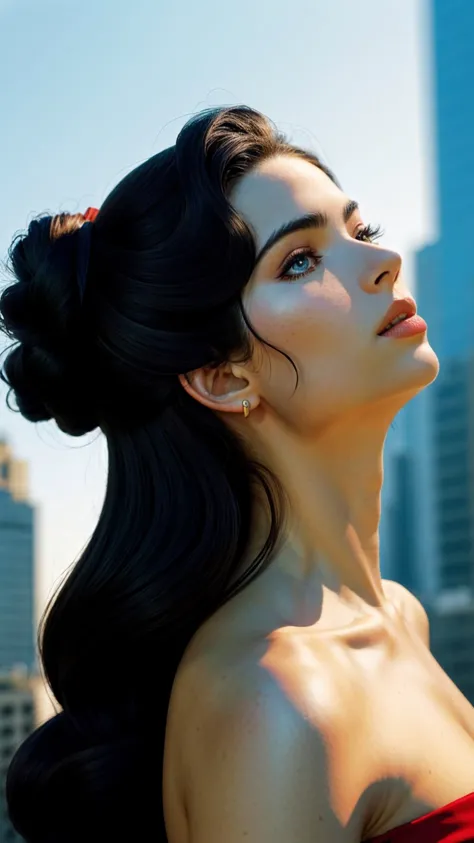 a close up of a woman in a red dress with a city in the background