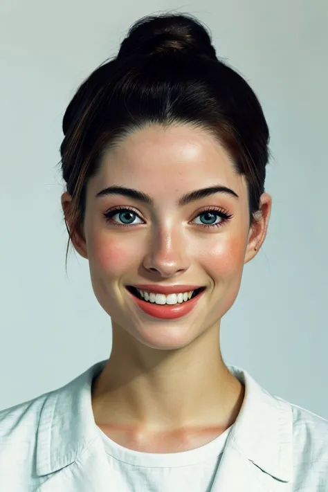 a woman with a white shirt and a smile on her face