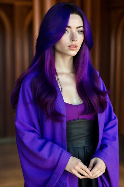 a close up of a woman with purple hair wearing a purple robe