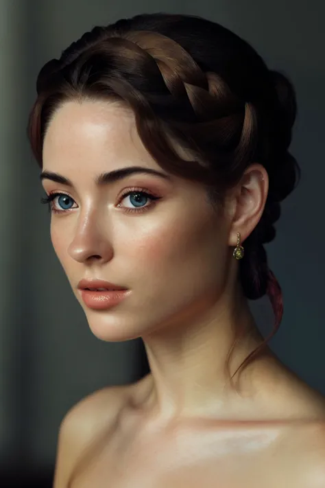 a woman with a braid updo and blue eyes is posing for a picture