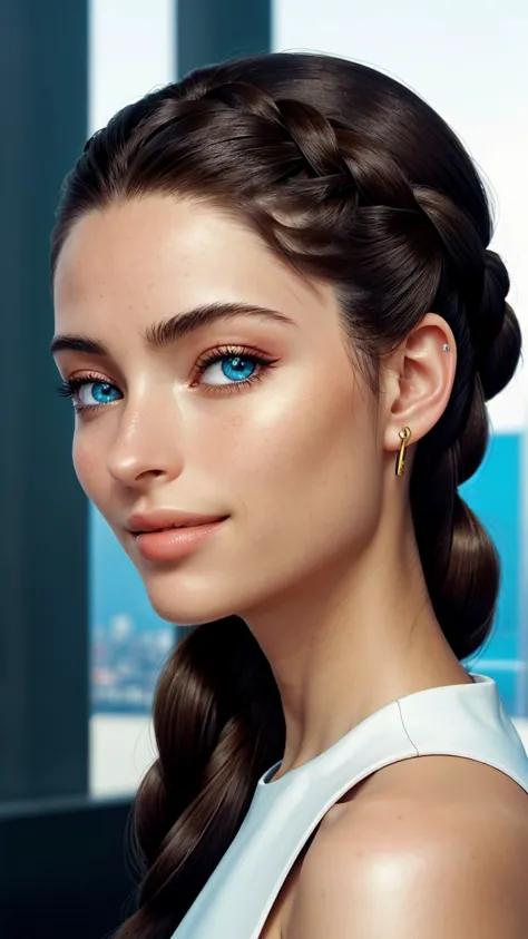 a woman with blue eyes and a braid updo