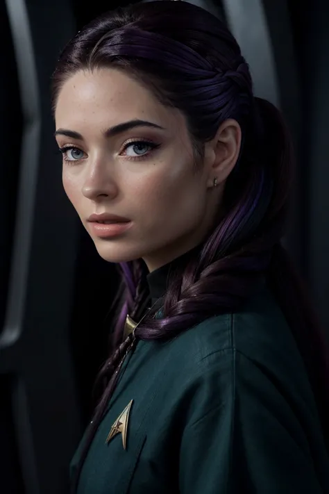 close range photo of <lora:sd15_ReneeMurden_v1:.9> ReneeMurden, focus on face, wearing a star trek uniform , her amethyst smoke color hair is styled as side braid,