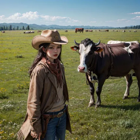 <lora:cowgirl_outfit_v0.1a:0.8>,cowgirl outfit,outside,cowboy shot,grasslands,cows,1girl,