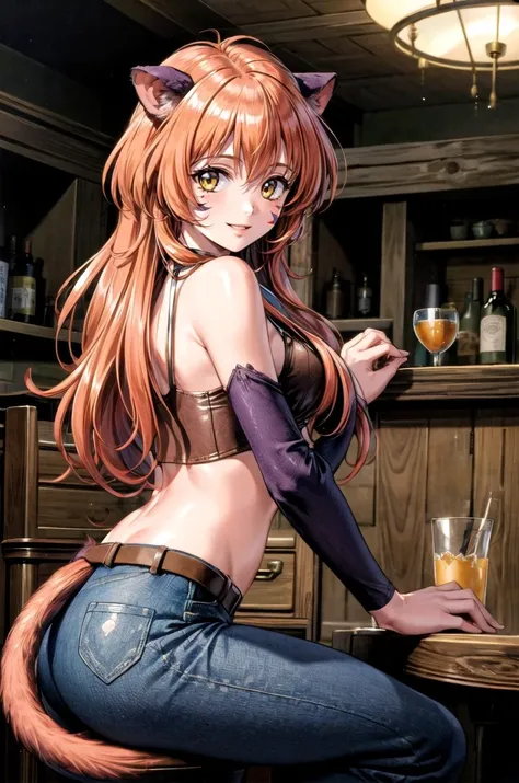 a woman in a cat suit sitting on a bar with a drink