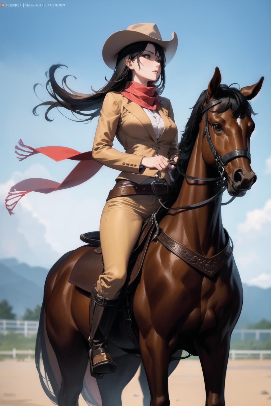 A woman in a cowboy outfit riding a horse on a dirt field - SeaArt AI