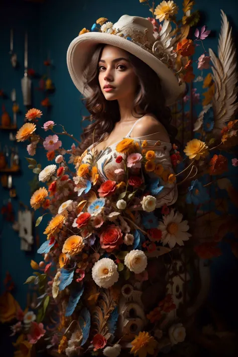 arafed woman in a white hat and dress with a bouquet of flowers