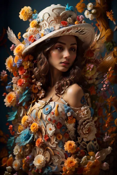 a close up of a woman wearing a hat with flowers on it