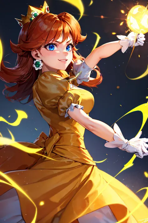 a woman in a yellow dress holding a fire ball