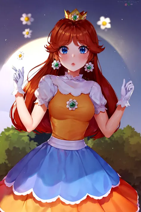 a cartoon girl in a dress and crown standing in front of a full moon