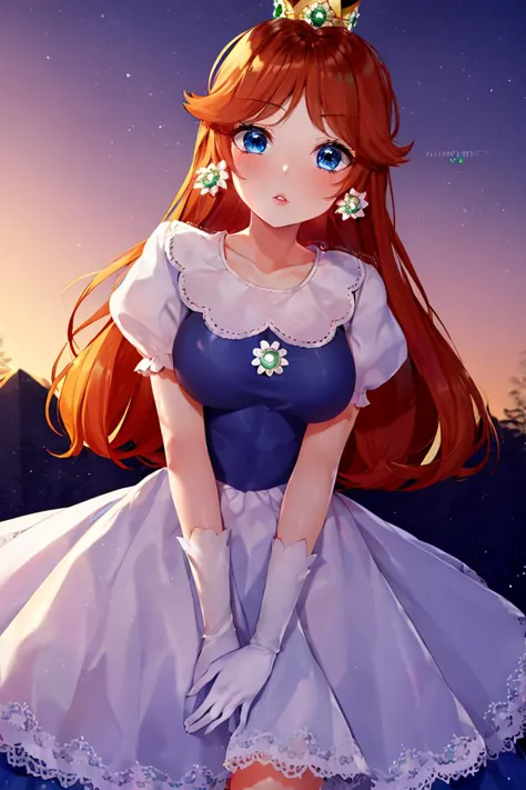 a cartoon girl in a blue dress with a tiable and a flower in her hair