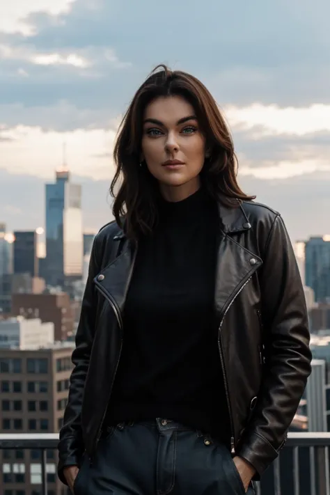 a woman in a black top and leather jacket standing on a balcony