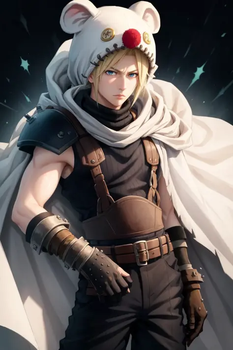 masterpiece, best quality, cloud strife, animal hood, white cloak, mooglesuit, shoulder armor, sleeveless turtleneck, suspenders...