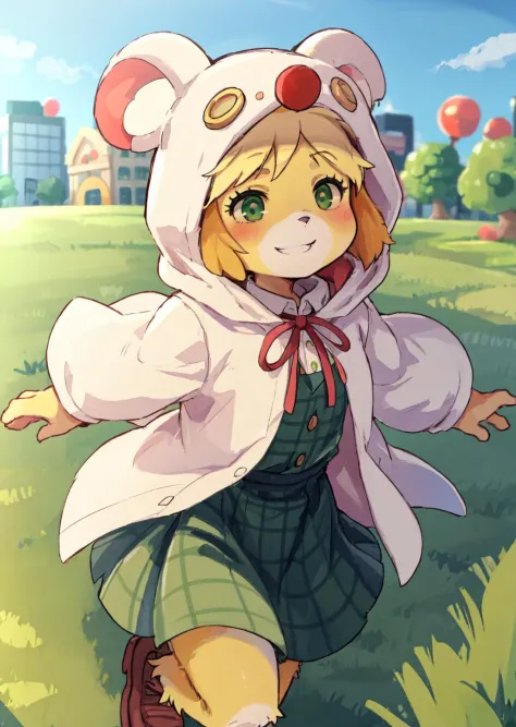 masterpiece:1.2, best quality, 1girl, Isabella, Animal Crossing, isaCrossing, isaClothes, ((furry)), ((yellow fur)), blonde hair, white shirt under shirt, ((green dress)), ((sleeveless dress)), ((checkered clothes)), red ribbon, neck ribbon, blue skirt, grassy field background,  <lora:mooglesuit-nvwls-v1-final:1>, mooglesuit, animal hood, white cloak, running, <lora:isabelleAnimalCrossingV2:0.8>, city in the background,  <lora:styleDagashiDaga2626_e04:1>, ((playing)), smiling