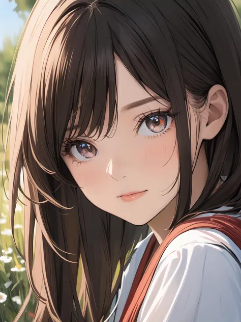 anime girl with long brown hair and blue eyes in a field