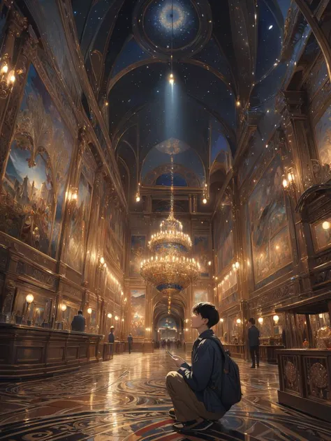 a woman sitting on the floor in a large room with chandeliers