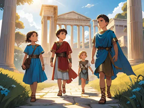 a cartoon picture of three children in roman clothing walking down a path