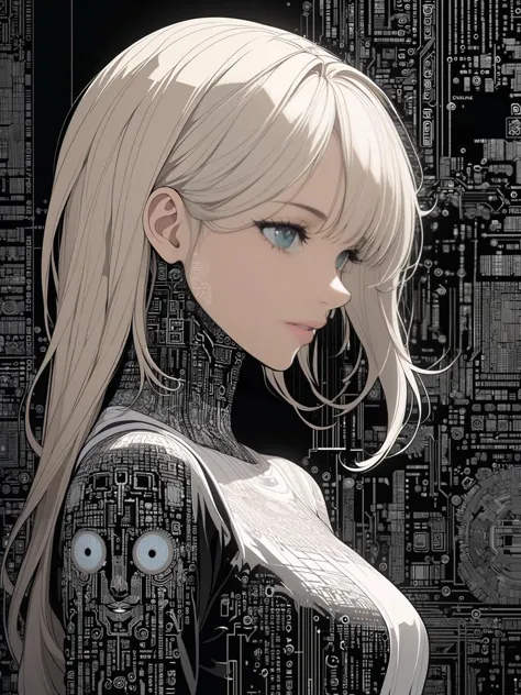 a close up of a woman with long blonde hair and a futuristic suit