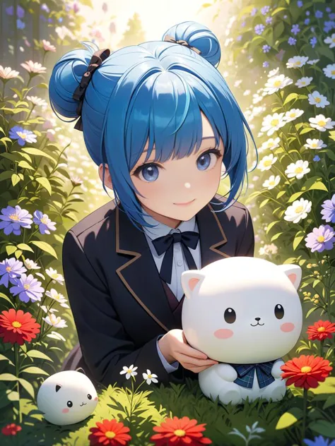 (young girl), kawaii, small statue, small breasts, round face, (((blue hair))), (pair of haircuts with bangs), ((a topknot hairstyle)), (neatly tied upturned buns resembling adorable rice balls), expressionless, smile thinly, ((Modernized traditional Scottish kilt)) with a ((tailored jacket:1.2)), Meadows and gardens filled with aromatic herbs offer fragrant herbs and blossoms for collection. Blooming flowers sway gently as various herbs with medicinal properties grow abundantly., ((masterpiece:1.1)), 8k, (extremely detailed and beautiful background), ((Ultra-precise depiction)), ((Ultra-detailed depiction)), (professional illustrasion:1.1), (professional lighting)