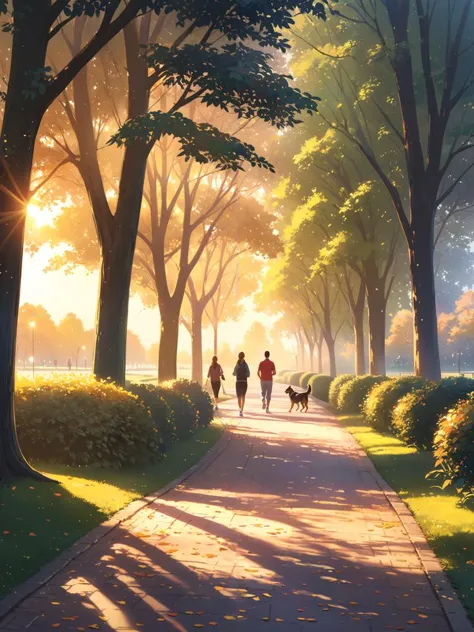 joggers and pretty dog-walkers populate a park, greeted by the gentle glow of sunris, The leaves on the trees are fine, Beautifu...