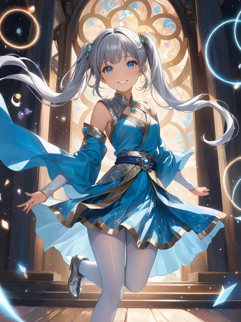 ((masterpiece:1.1)), 8k, (extremely detailed and beautiful background), ((Ultra-precise depiction)), ((Ultra-detailed depiction)), (aesthetic),
 (young girl), (highly detailed beautiful face and eyes, silver hair:1.5, twintail:1.1, floating hair), (white tights up to the thighs), small stature, (small breasts), shiny skin, cute, being clearheaded, ((smile sweetly)), 
((azure robe)), (adorned with celestial patterns), (((shimmering silver threads))), (lightweight), ((blue lehenga:1.2)), (cloak for protection), ((elegant sash carrying small porch)), ((Complemented by silver-lined)), soft leather boots, Within the vast practice grounds, students chant spells and conduct magical exercises. The space is adorned with colorful spell circles and shimmering barriers, pulsating with magical energies.