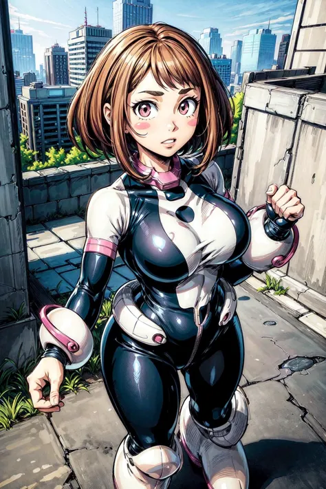 thick outlines, comics, photorealistic, perfect hands, masterpiece:1.2, japanese streets, ruins, 1girl, solo, standing, hmochako, blush stickers, short hair, superhero, bodysuit, boots, medium breast, detailed background, detailed face, detailed eyes, 