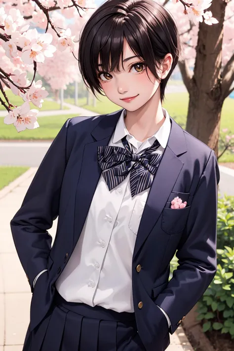 1girl, solo, komoshuai, cherry blossoms, black blazer, pencil shirt, (hands in pocket:1.2) ,smile, brown eyes, school uniform,